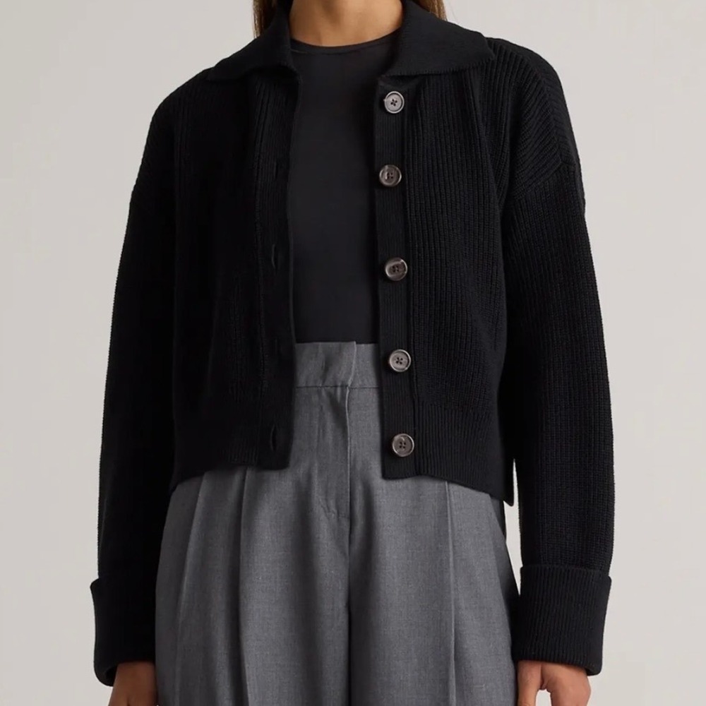Quince Black 100% Organic Cotton Fisherman Collared Cardigan Sweater Size L NWT